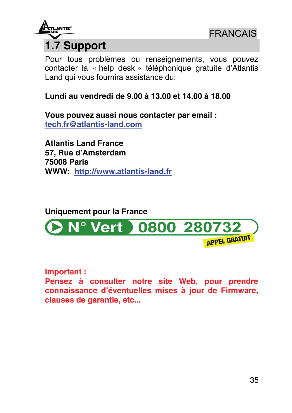 7 support, Francais | Atlantis Land NETSERVER A02-PSU_GX02 User Manual | Page 34 / 36