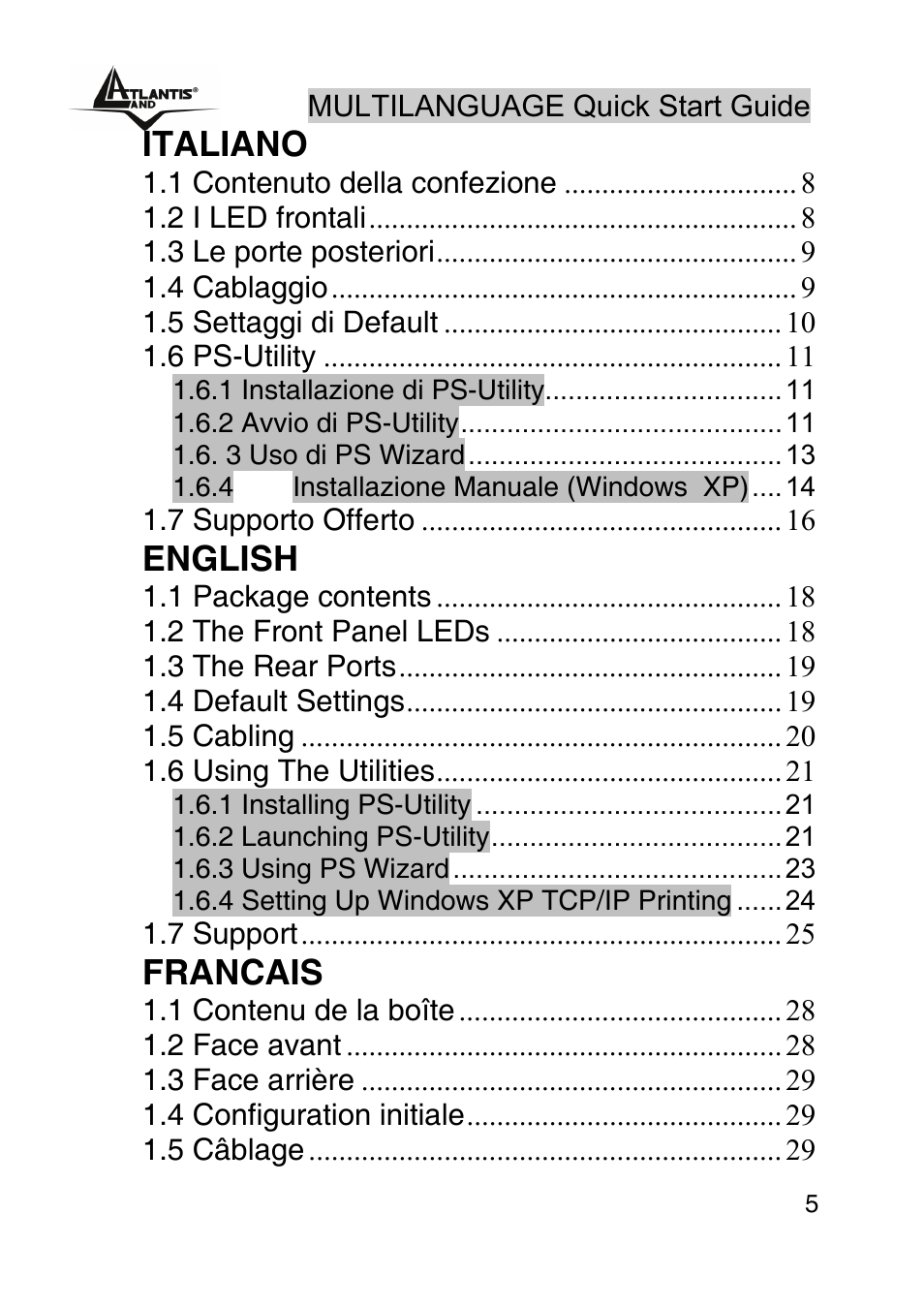 Italiano, English, Francais | Atlantis Land NETSERVER A02-PSU_GX02 User Manual | Page 4 / 36
