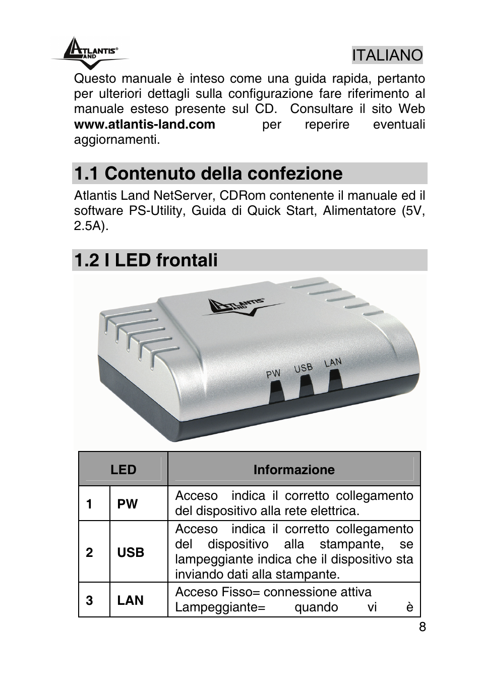 1 contenuto della confezione, 2 i led frontali, Italiano | Atlantis Land NETSERVER A02-PSU_GX02 User Manual | Page 7 / 36