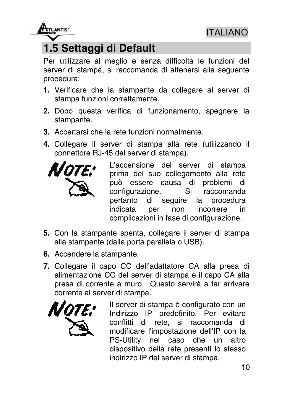 5 settaggi di default, Italiano | Atlantis Land NETSERVER A02-PSU_GX02 User Manual | Page 9 / 36