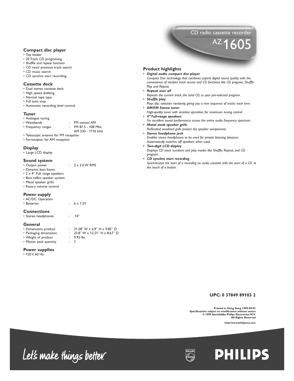 Cd radio cassette recorder | Philips AZ1605-17 User Manual | Page 2 / 2