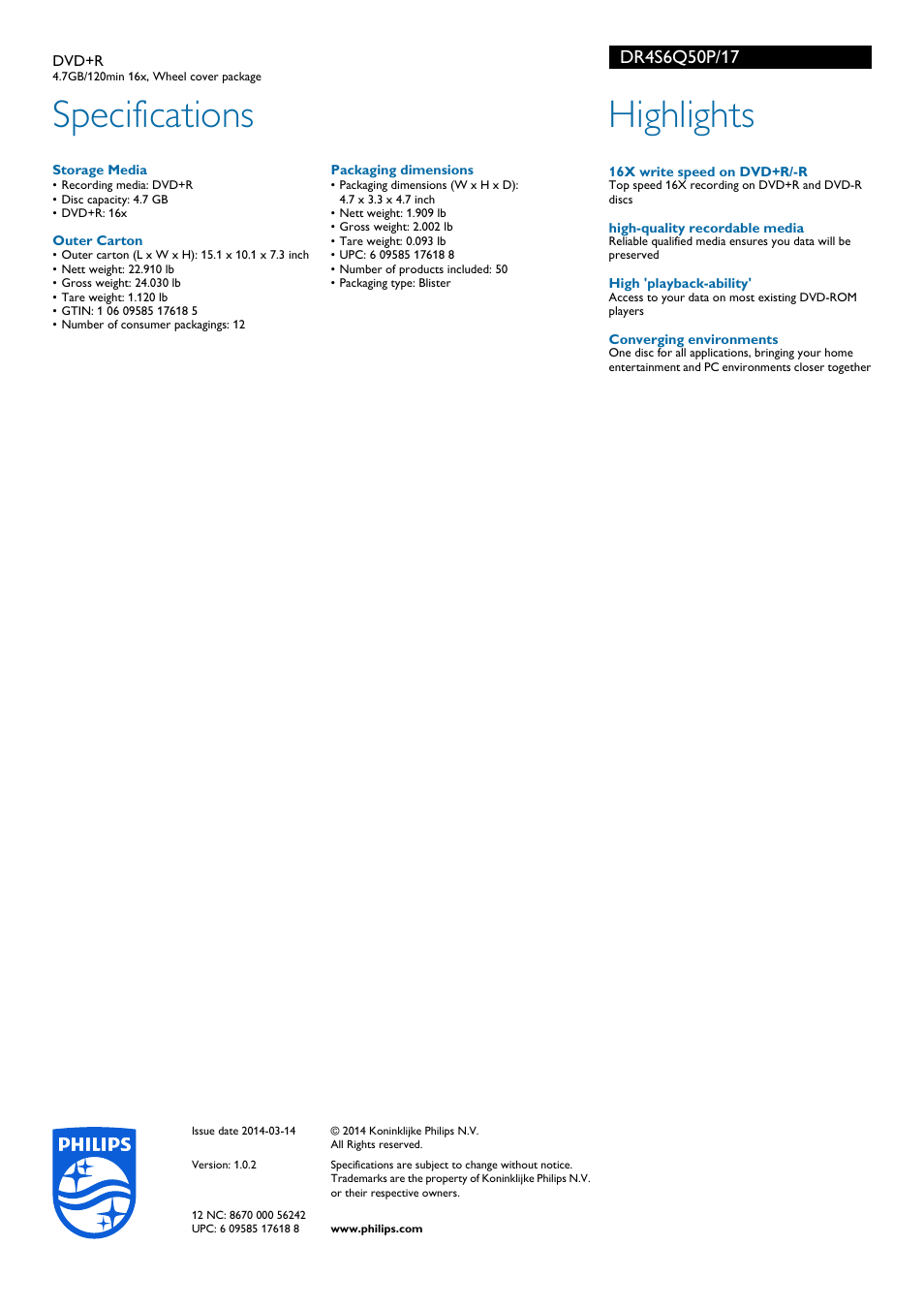 Specifications, Highlights | Philips DR4S6Q50P-17 User Manual | Page 2 / 2