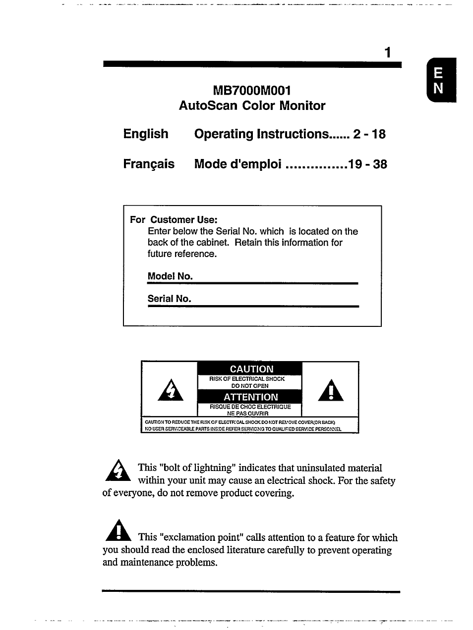 Mb7000m001 autoscan color monitor, English operating instructions 2-18, Français mode d'emploi 19-38 | Philips MB7000 User Manual | Page 3 / 28