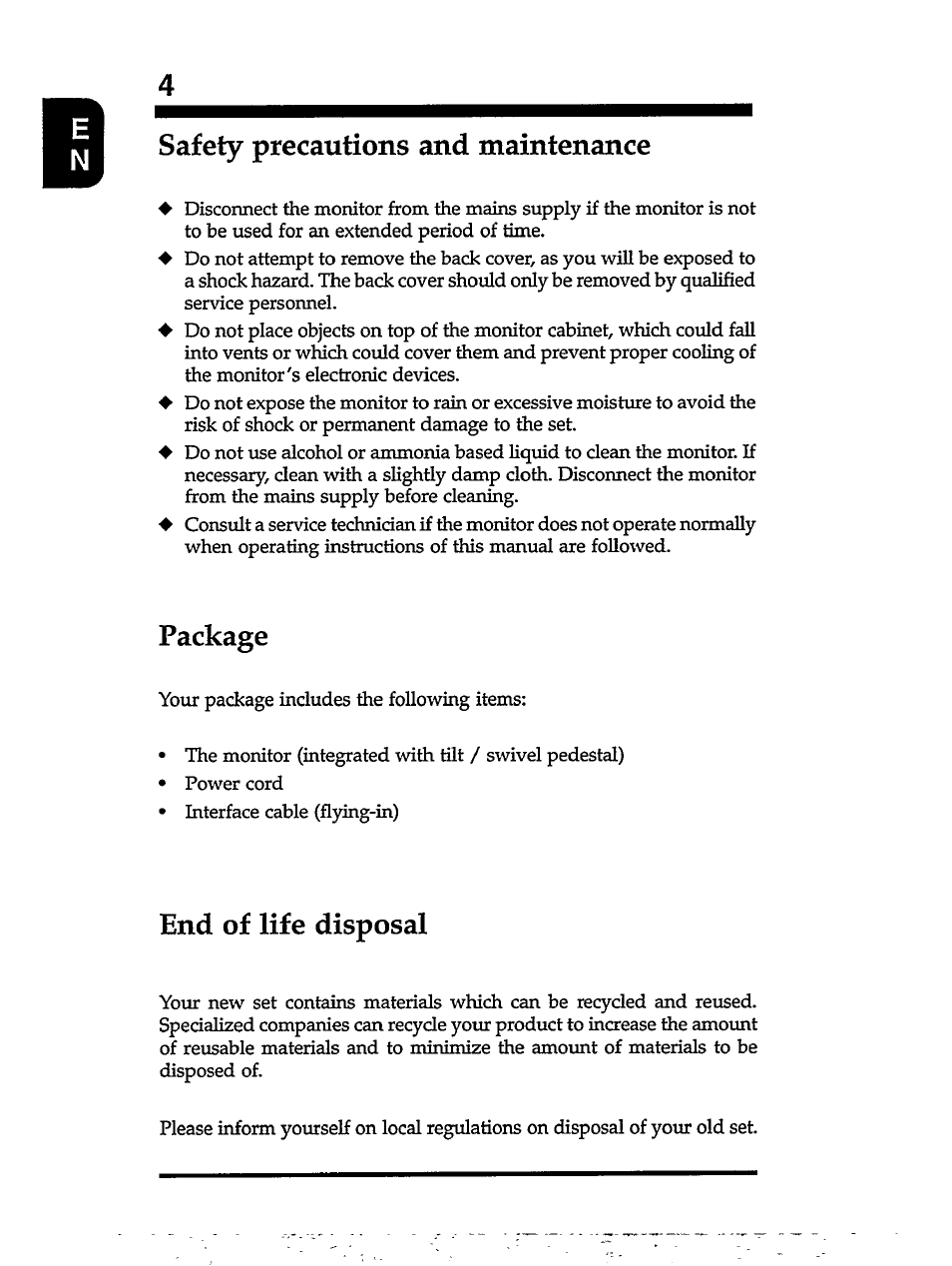 Safety precautions and maintenance, Package, End of life disposal | Philips MB7000 User Manual | Page 6 / 28