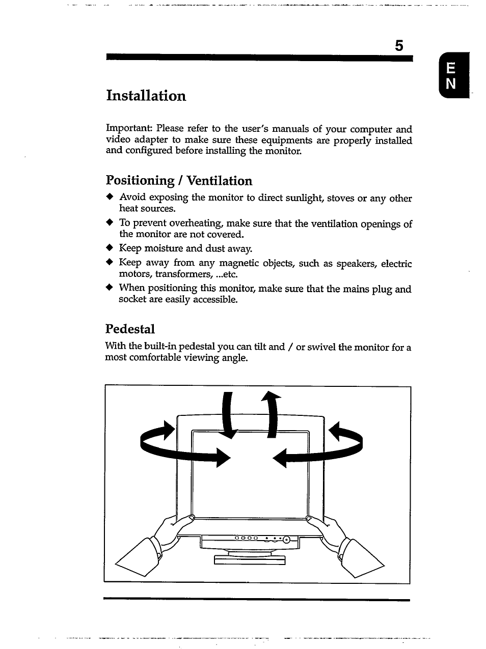 Installation, Positioning / ventilation, Pedestal | Philips MB7000 User Manual | Page 7 / 28