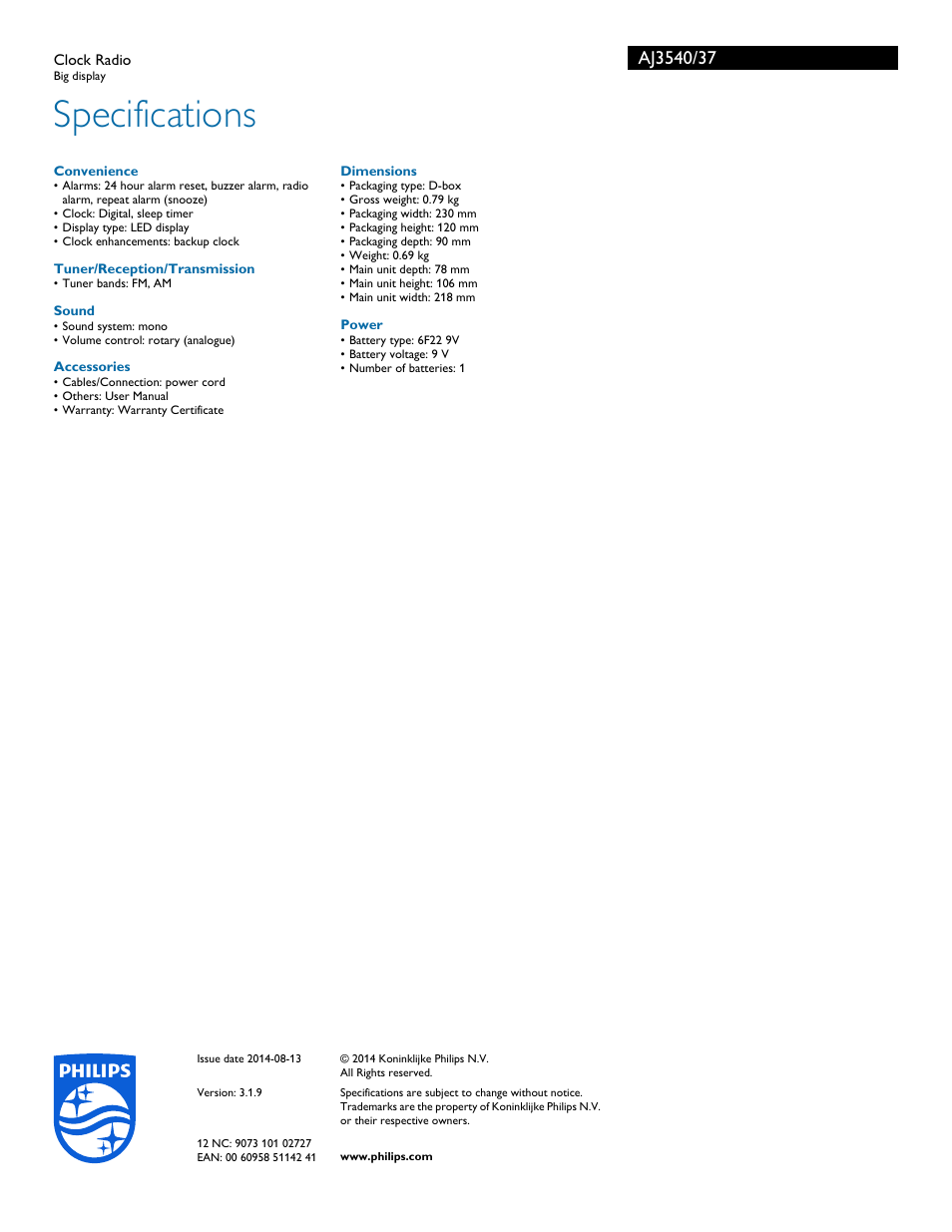 Specifications | Philips AJ3540-37B User Manual | Page 3 / 3