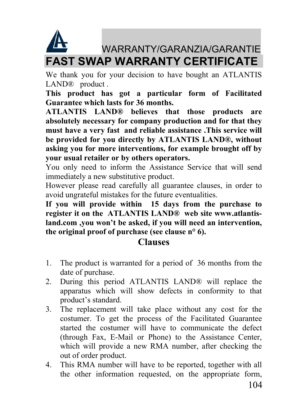 Fast swap warranty certificate, Warranty/garanzia/garantie, Clauses | Atlantis Land A02-WRA2-11B User Manual | Page 104 / 121