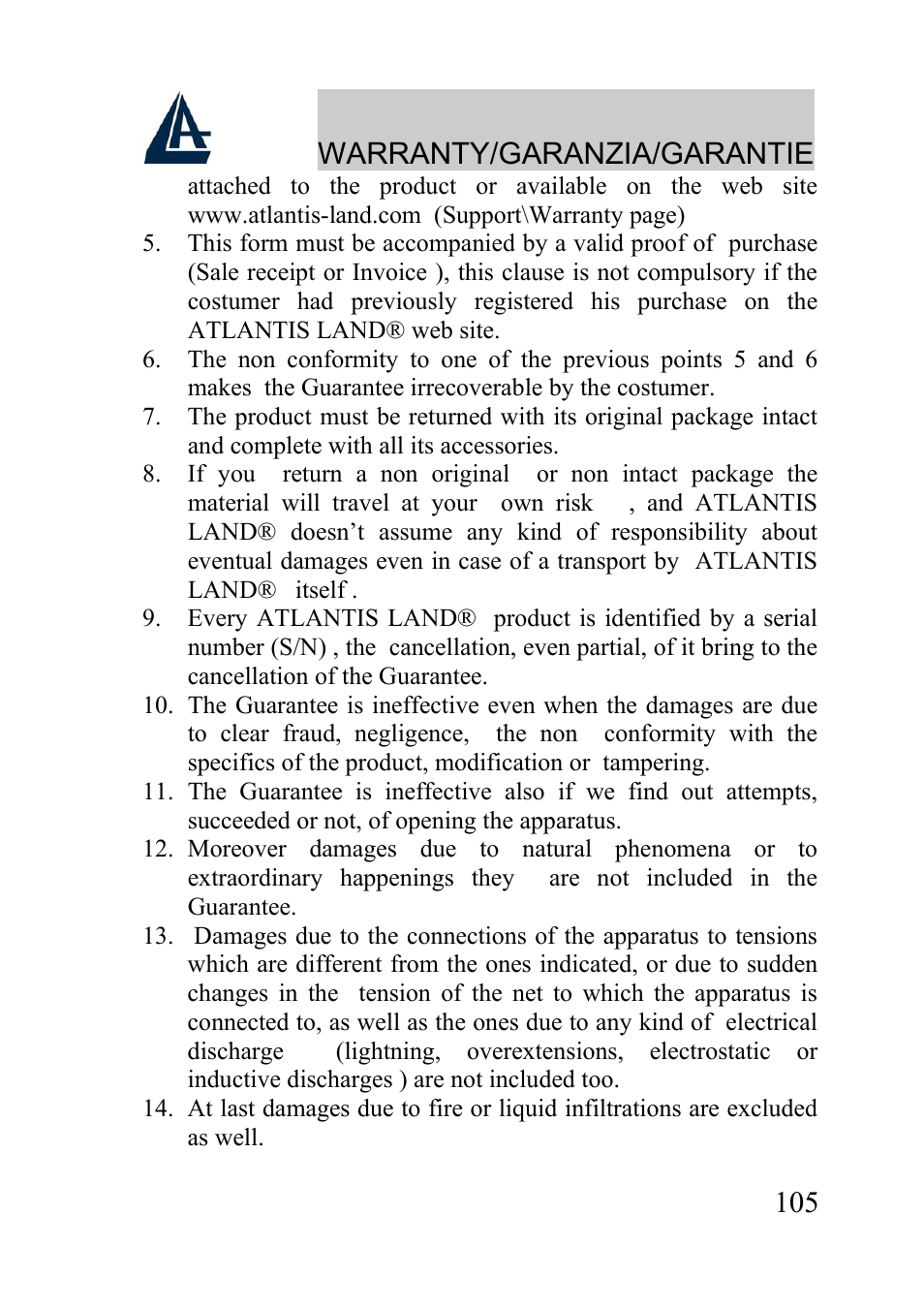 Warranty/garanzia/garantie | Atlantis Land A02-WRA2-11B User Manual | Page 105 / 121