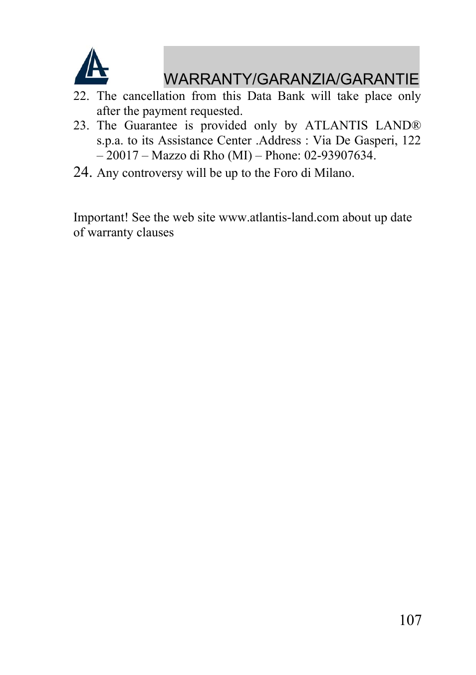 Warranty/garanzia/garantie | Atlantis Land A02-WRA2-11B User Manual | Page 107 / 121