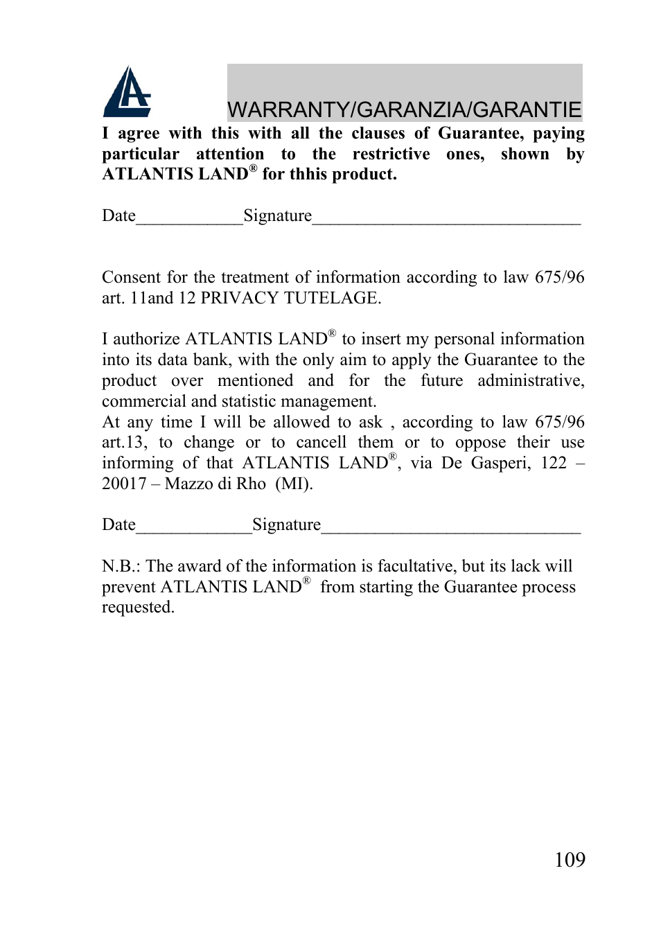 Warranty/garanzia/garantie | Atlantis Land A02-WRA2-11B User Manual | Page 109 / 121
