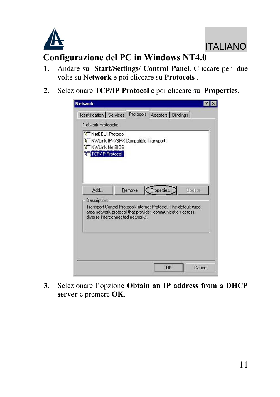 Italiano, 11 configurazione del pc in windows nt4.0 | Atlantis Land A02-WRA2-11B User Manual | Page 11 / 121