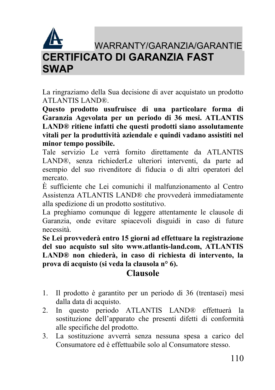 Certificato di garanzia fast swap | Atlantis Land A02-WRA2-11B User Manual | Page 110 / 121