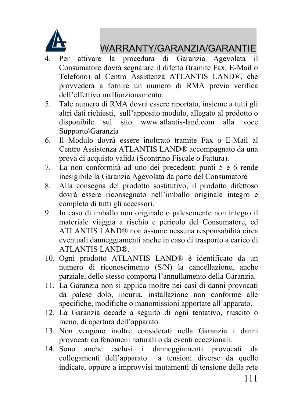 Warranty/garanzia/garantie | Atlantis Land A02-WRA2-11B User Manual | Page 111 / 121
