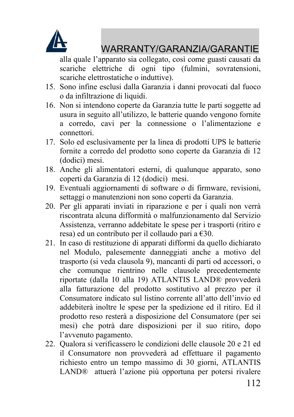 Warranty/garanzia/garantie | Atlantis Land A02-WRA2-11B User Manual | Page 112 / 121
