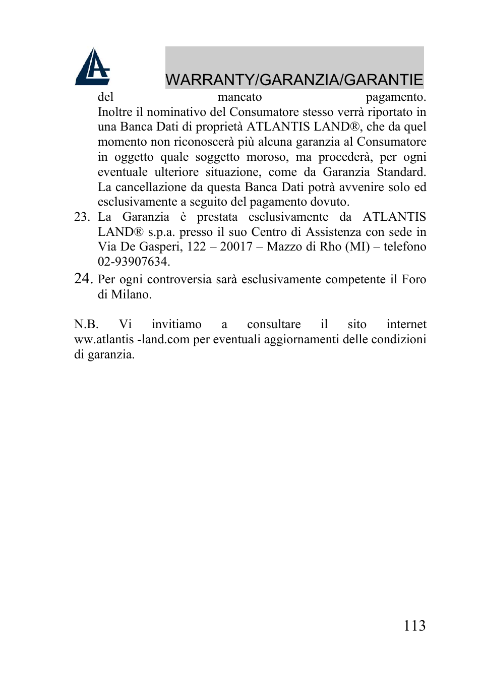 Warranty/garanzia/garantie | Atlantis Land A02-WRA2-11B User Manual | Page 113 / 121