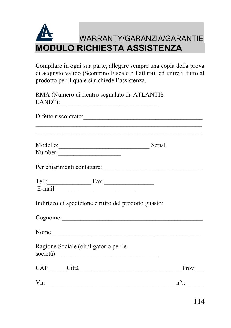 Modulo richiesta assistenza, Warranty/garanzia/garantie | Atlantis Land A02-WRA2-11B User Manual | Page 114 / 121