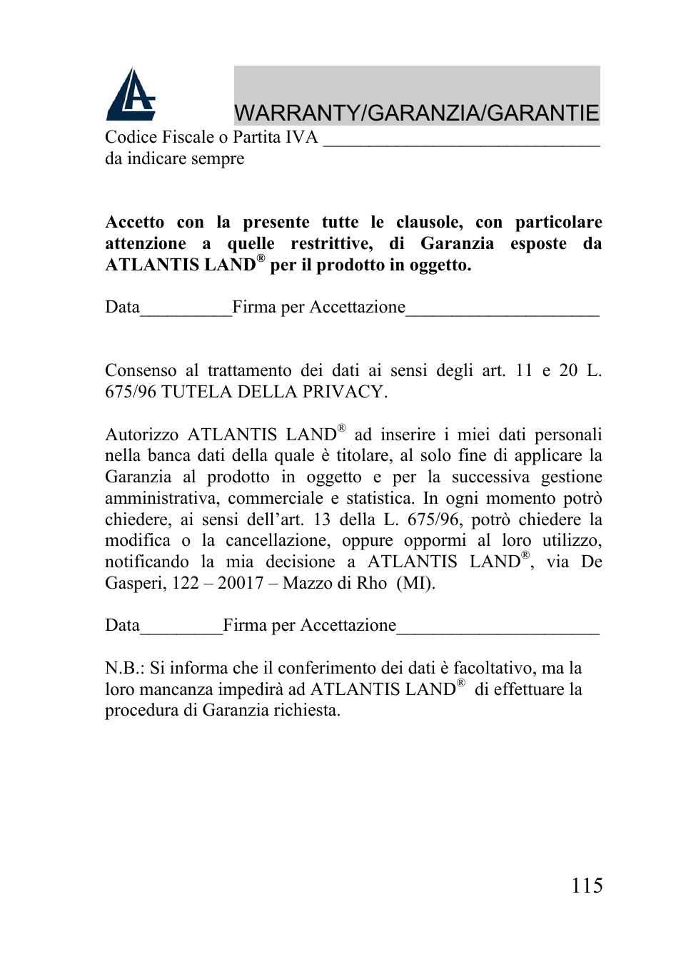 Warranty/garanzia/garantie | Atlantis Land A02-WRA2-11B User Manual | Page 115 / 121