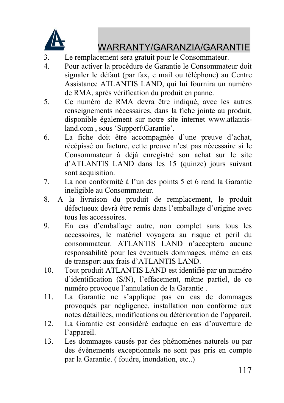 Warranty/garanzia/garantie | Atlantis Land A02-WRA2-11B User Manual | Page 117 / 121