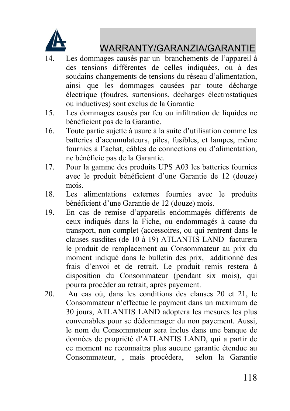 Warranty/garanzia/garantie | Atlantis Land A02-WRA2-11B User Manual | Page 118 / 121