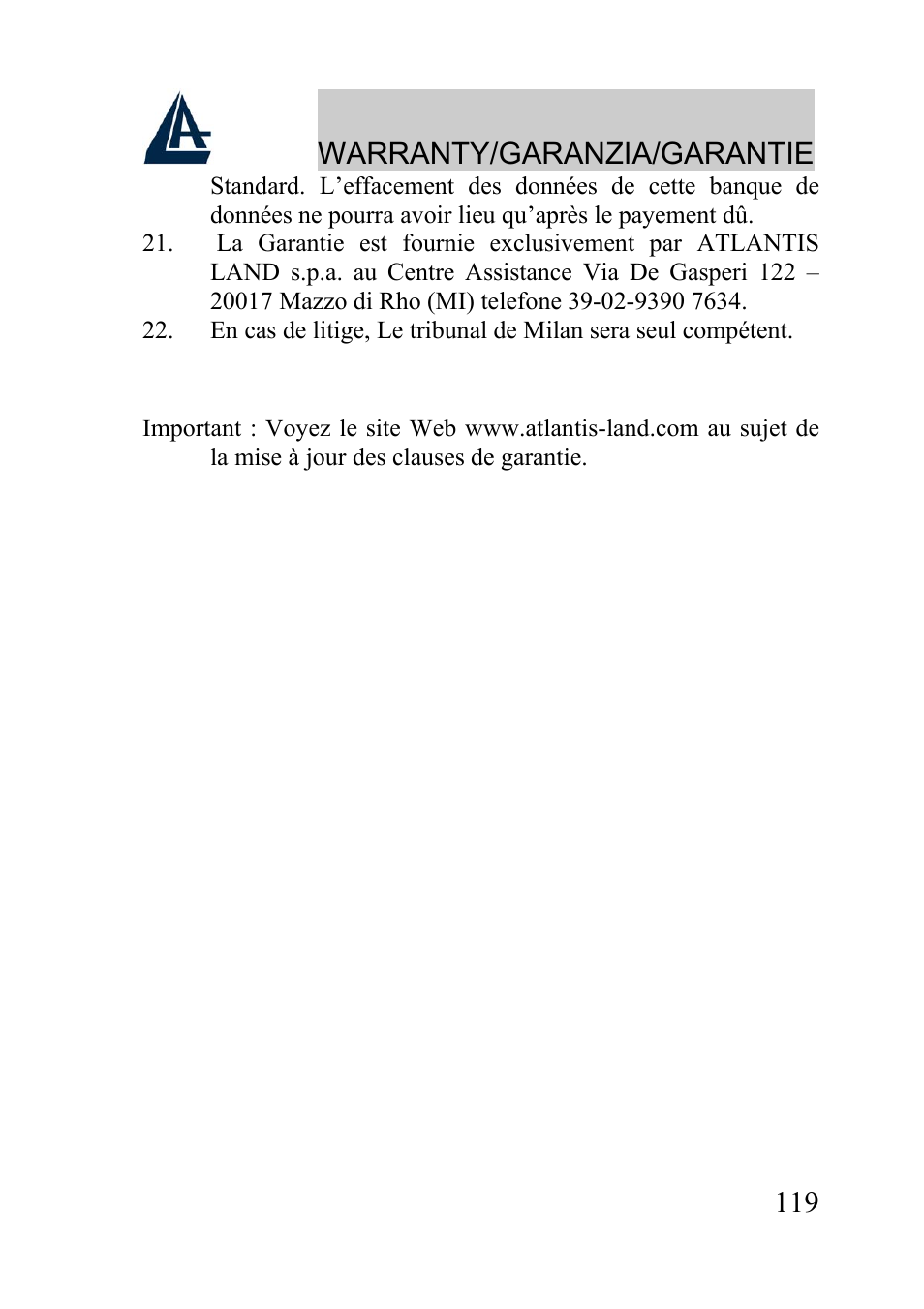 Warranty/garanzia/garantie | Atlantis Land A02-WRA2-11B User Manual | Page 119 / 121