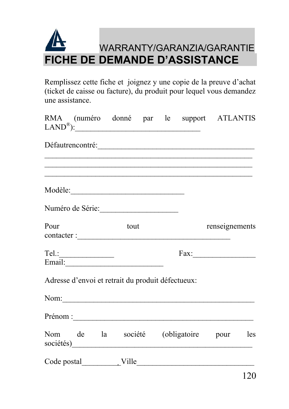Fiche de demande d’assistance, Warranty/garanzia/garantie | Atlantis Land A02-WRA2-11B User Manual | Page 120 / 121