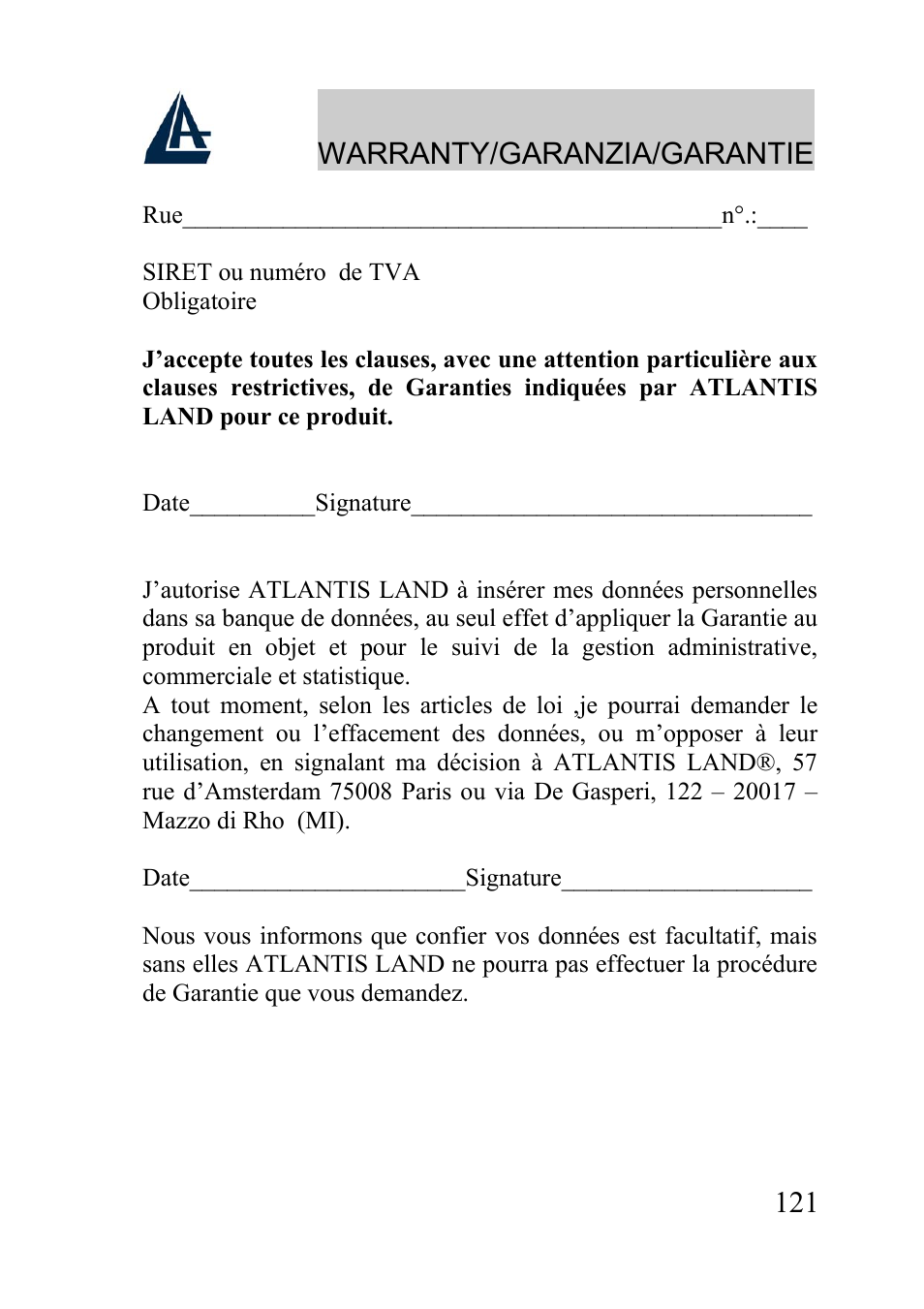 Warranty/garanzia/garantie | Atlantis Land A02-WRA2-11B User Manual | Page 121 / 121