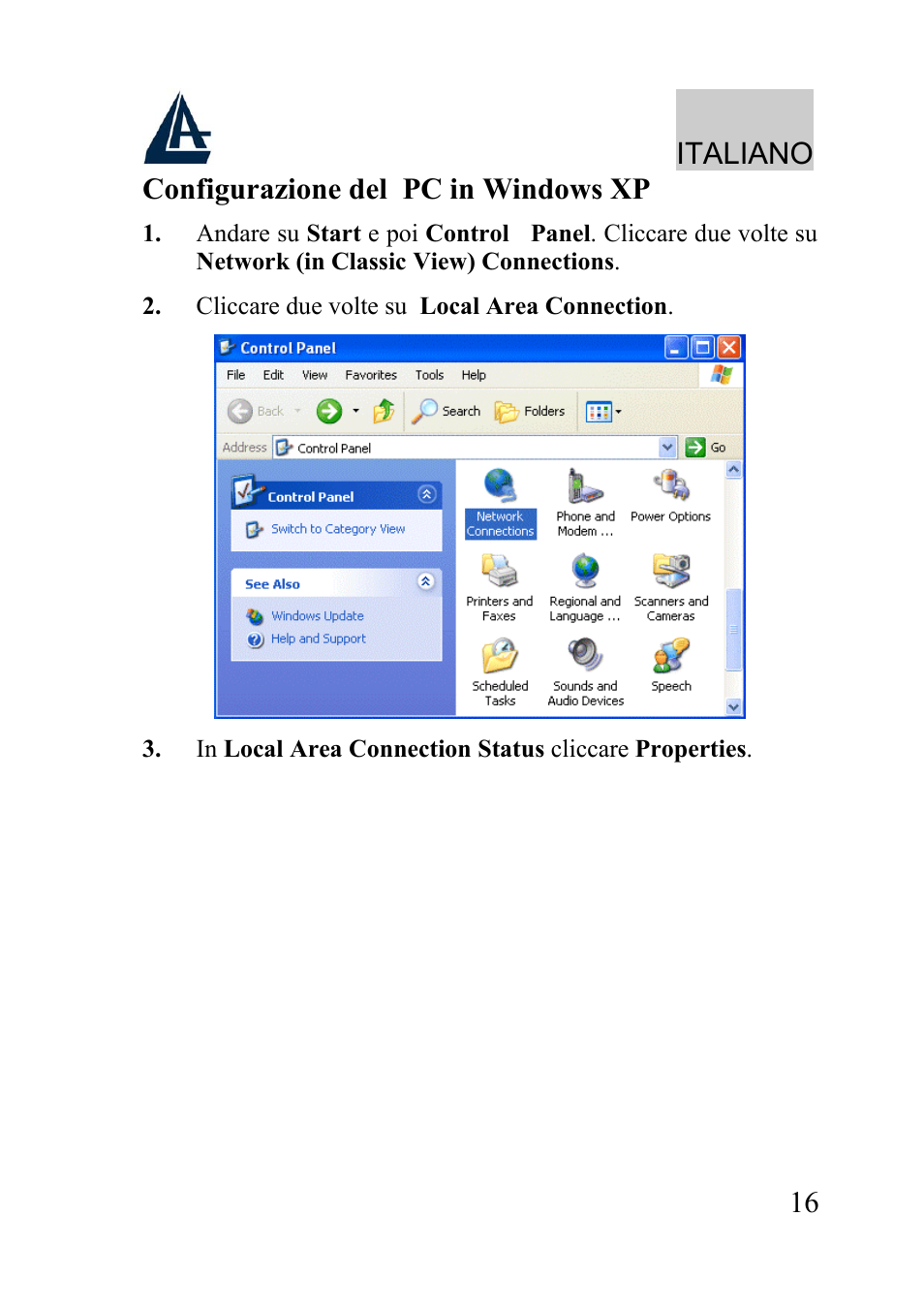 Italiano, 16 configurazione del pc in windows xp | Atlantis Land A02-WRA2-11B User Manual | Page 16 / 121