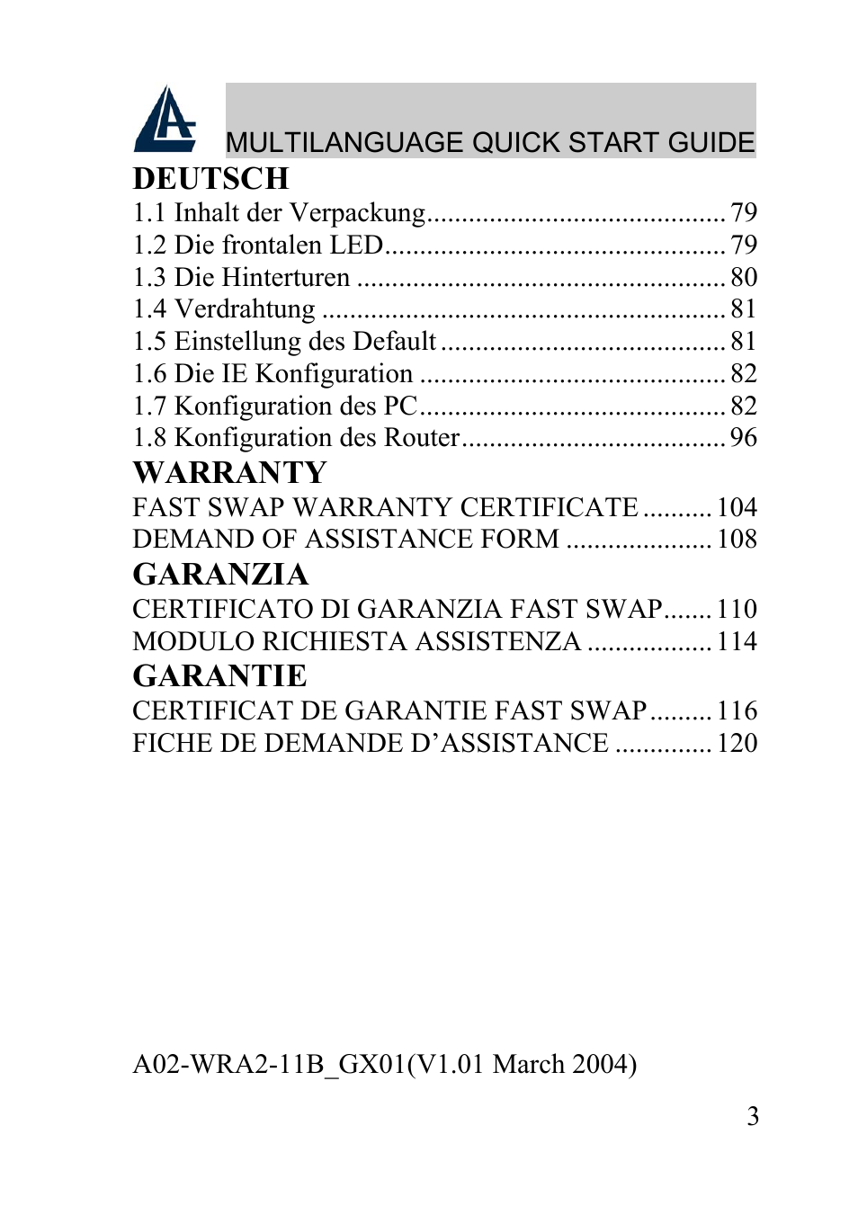 Deutsch, Warranty, Garanzia | Garantie | Atlantis Land A02-WRA2-11B User Manual | Page 3 / 121