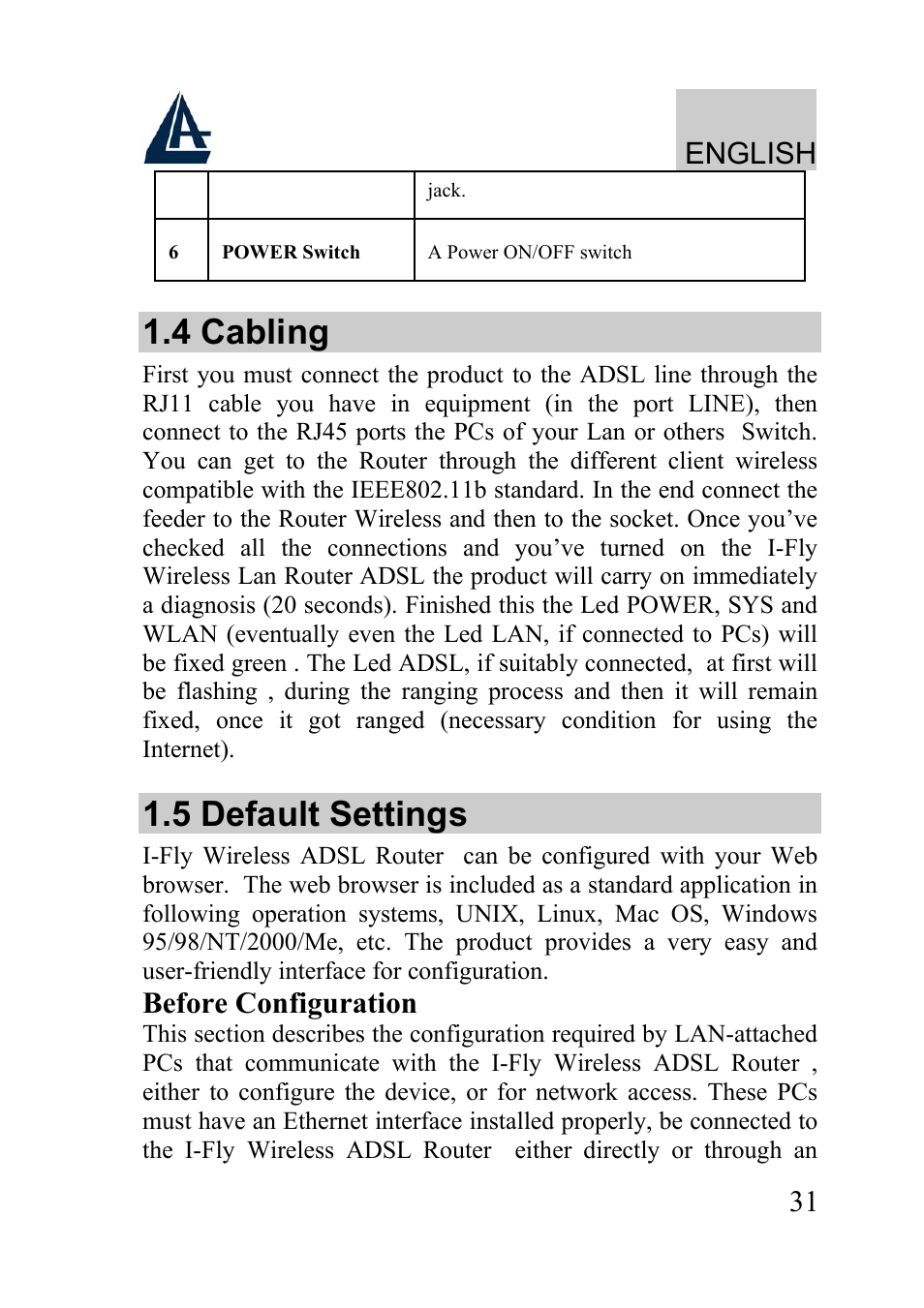 4 cabling, 5 default settings, English | Before configuration | Atlantis Land A02-WRA2-11B User Manual | Page 31 / 121