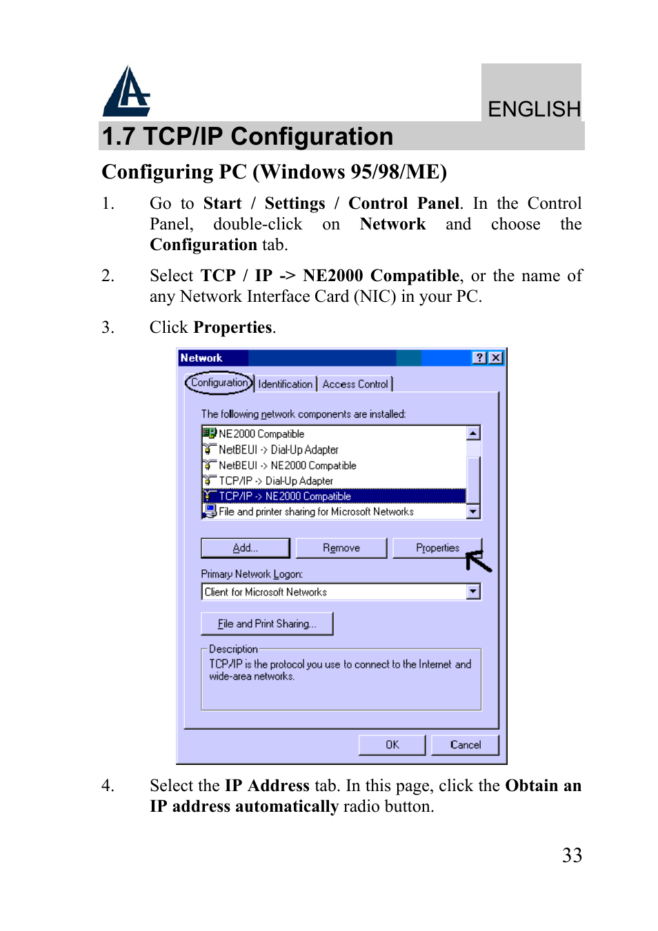 7 tcp/ip configuration, English, Configuring pc (windows 95/98/me) | Atlantis Land A02-WRA2-11B User Manual | Page 33 / 121