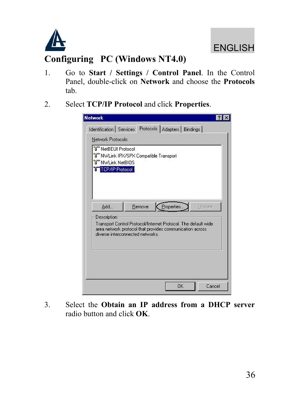English, 36 configuring pc (windows nt4.0) | Atlantis Land A02-WRA2-11B User Manual | Page 36 / 121