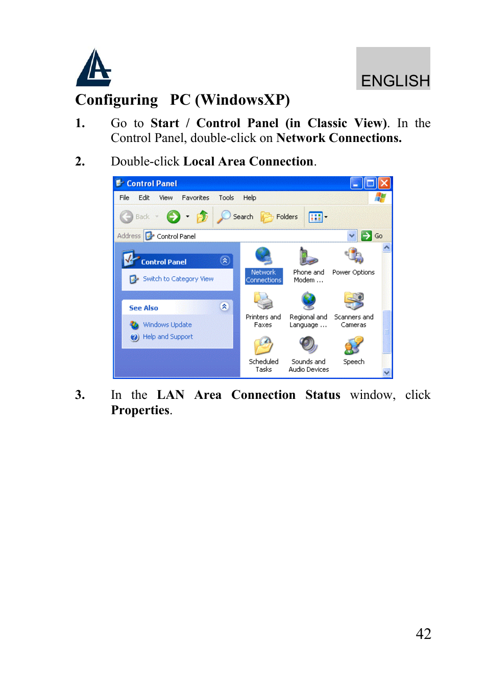 English, 42 configuring pc (windowsxp) | Atlantis Land A02-WRA2-11B User Manual | Page 42 / 121