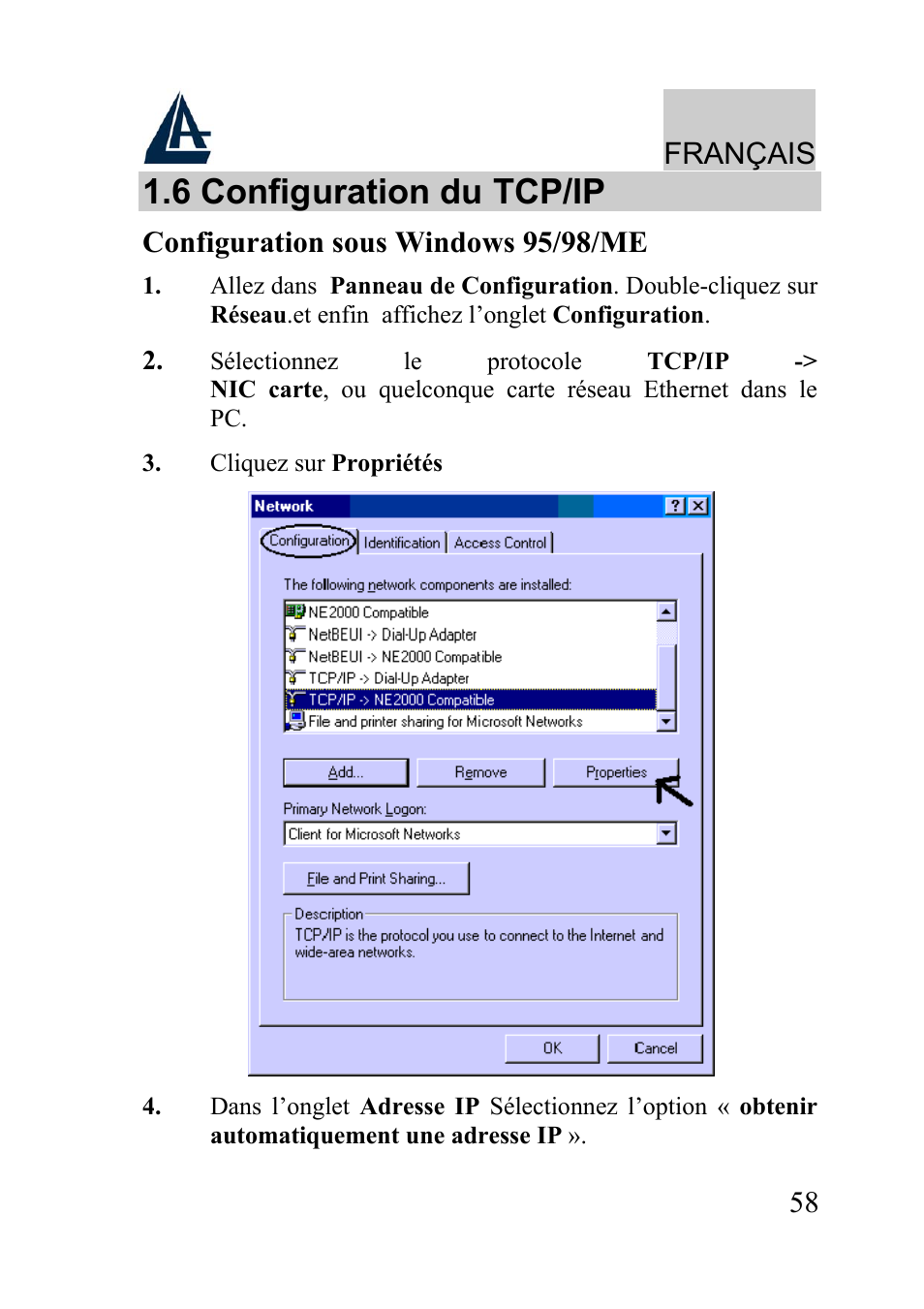 6 configuration du tcp/ip, Français, Configuration sous windows 95/98/me | Atlantis Land A02-WRA2-11B User Manual | Page 58 / 121