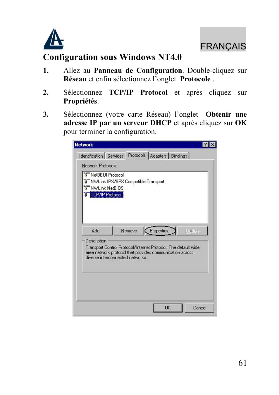 Français, 61 configuration sous windows nt4.0 | Atlantis Land A02-WRA2-11B User Manual | Page 61 / 121