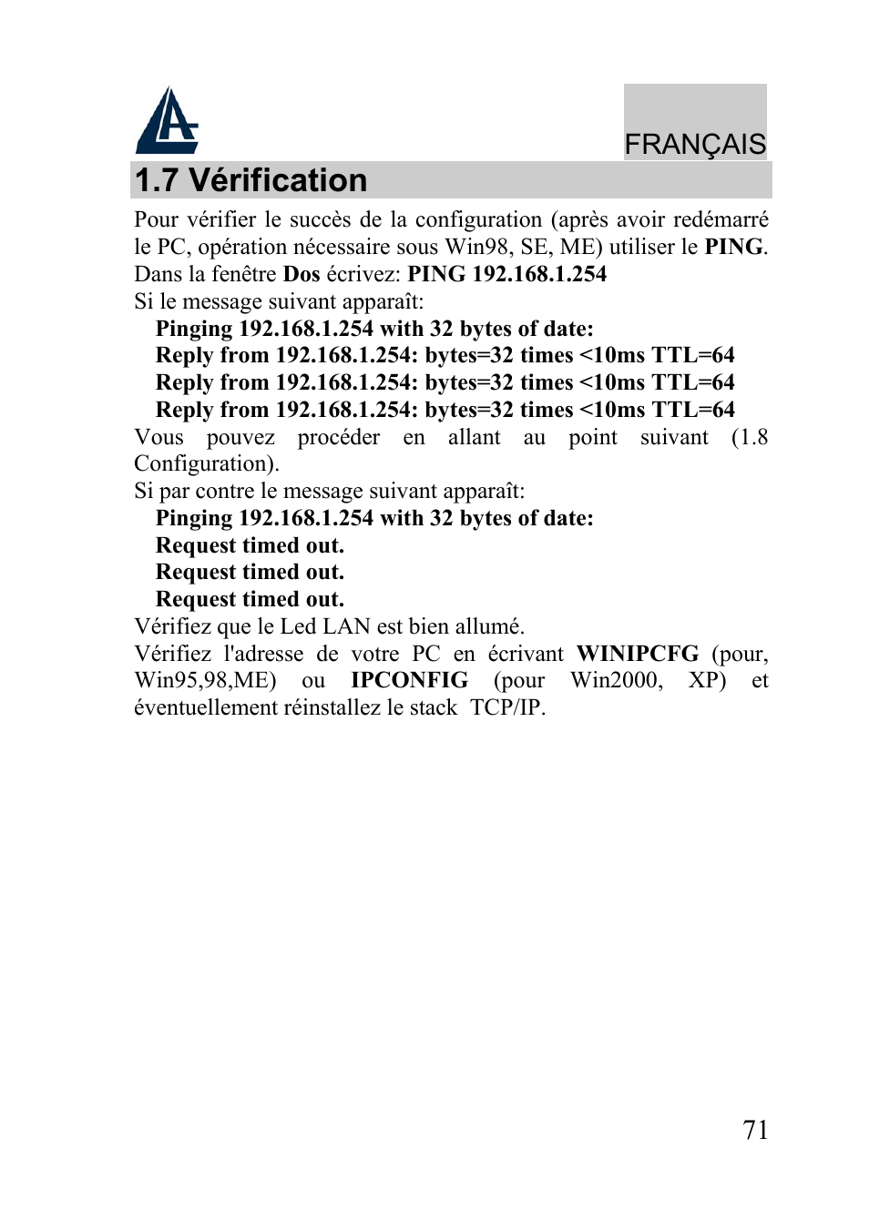 7 vérification, Français | Atlantis Land A02-WRA2-11B User Manual | Page 71 / 121