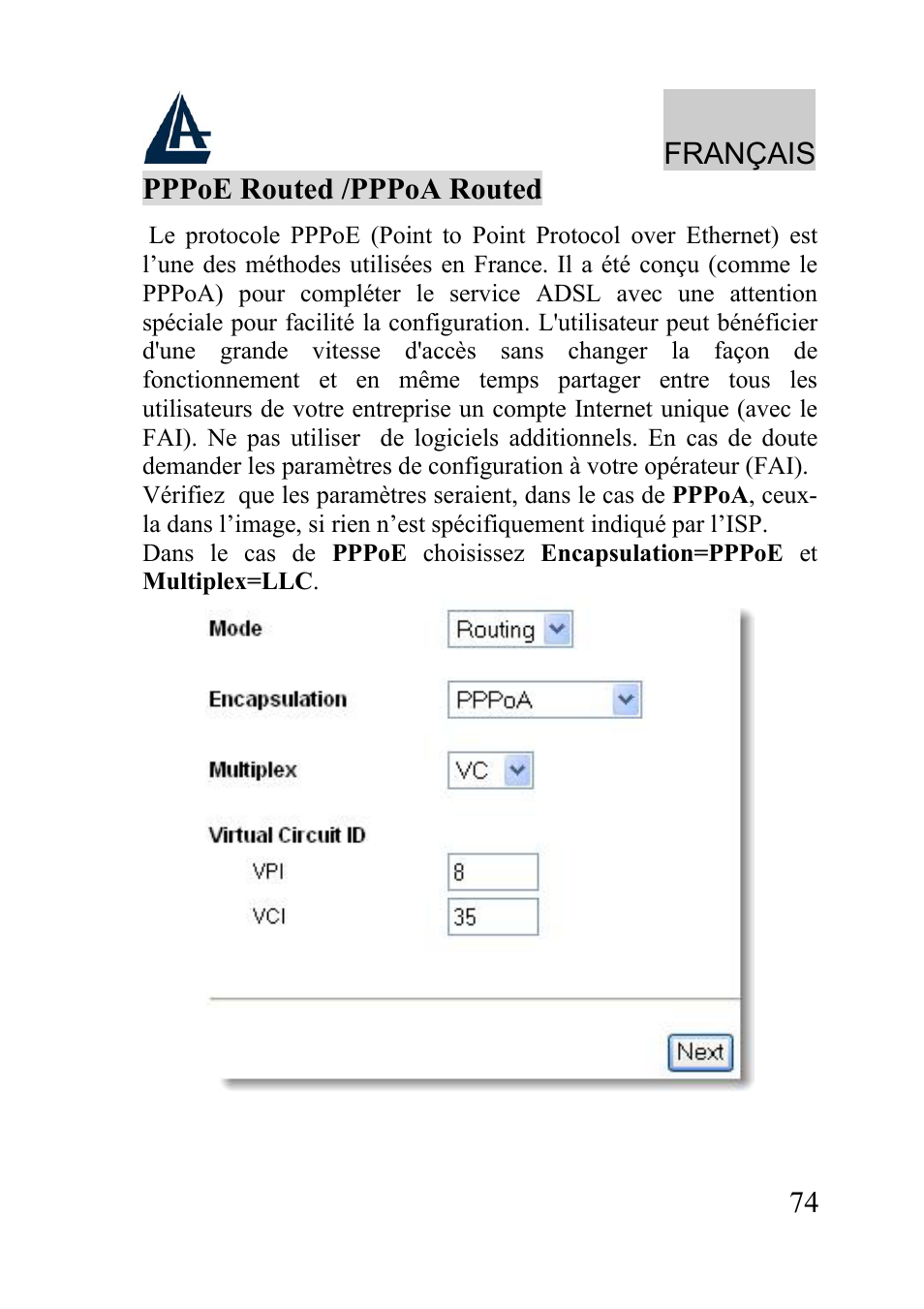 Français, 74 pppoe routed /pppoa routed | Atlantis Land A02-WRA2-11B User Manual | Page 74 / 121