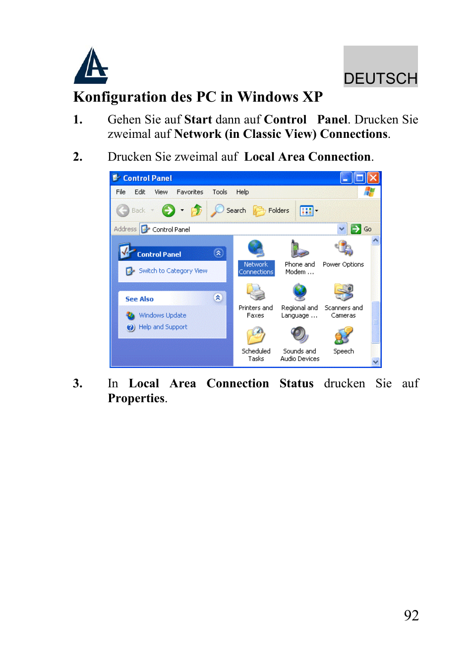 Deutsch, 92 konfiguration des pc in windows xp | Atlantis Land A02-WRA2-11B User Manual | Page 92 / 121