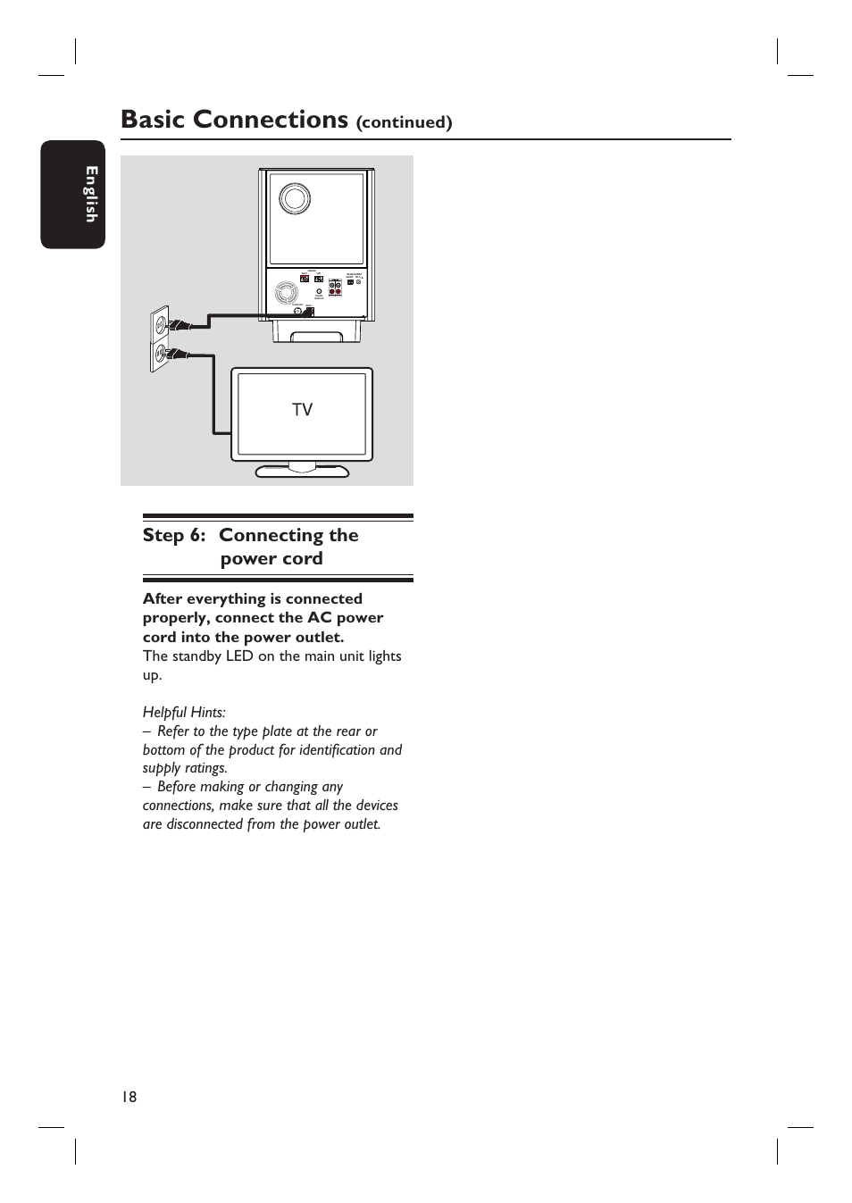 Basic connections, Step 6: connecting the power cord, Continued) | 18 english | Philips HTS6600-37 User Manual | Page 18 / 57