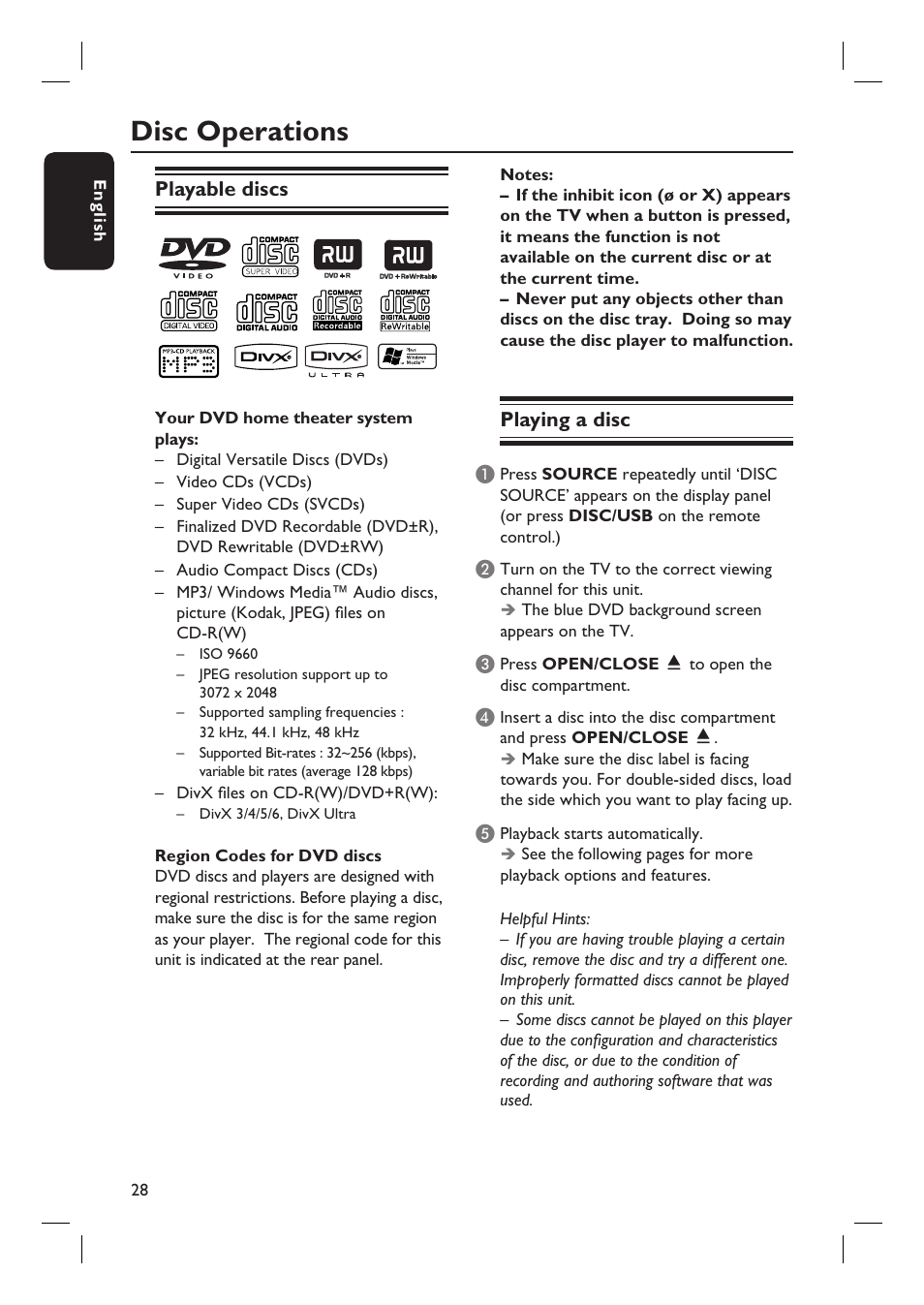 Disc operations, Playable discs, Playing a disc | Philips HTS6600-37 User Manual | Page 28 / 57