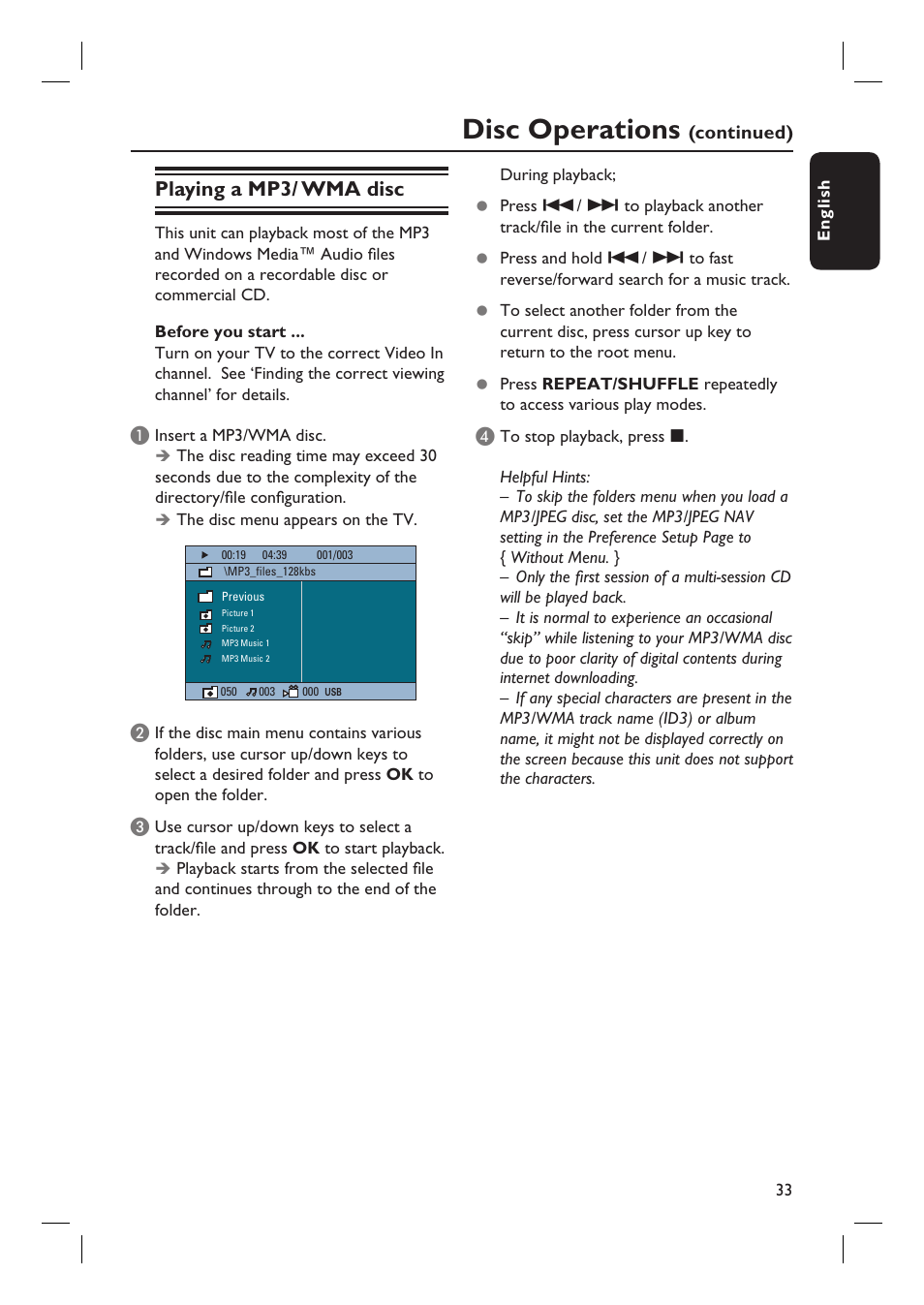 Disc operations, Playing a mp3/ wma disc | Philips HTS6600-37 User Manual | Page 33 / 57