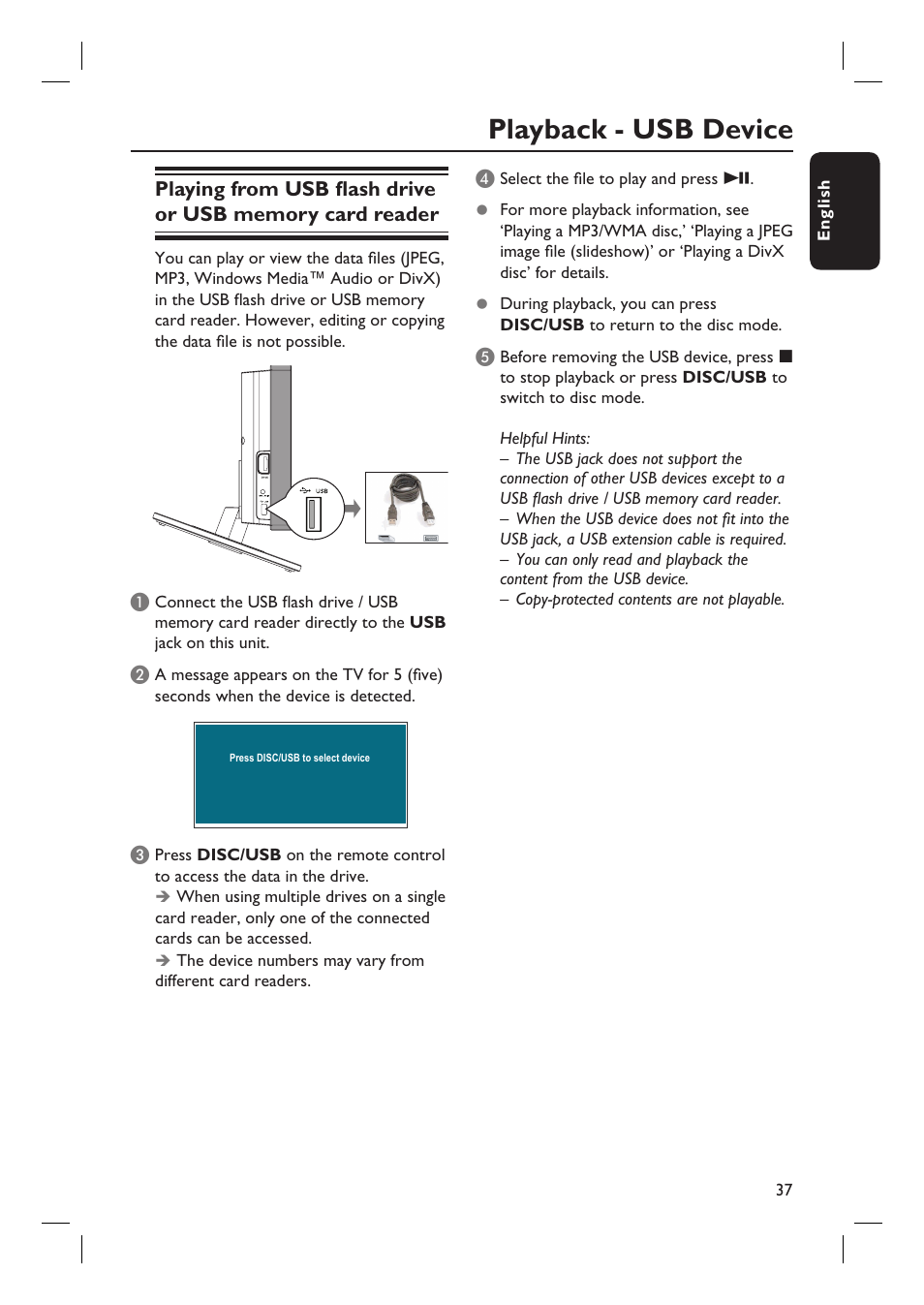 Playback - usb device | Philips HTS6600-37 User Manual | Page 37 / 57