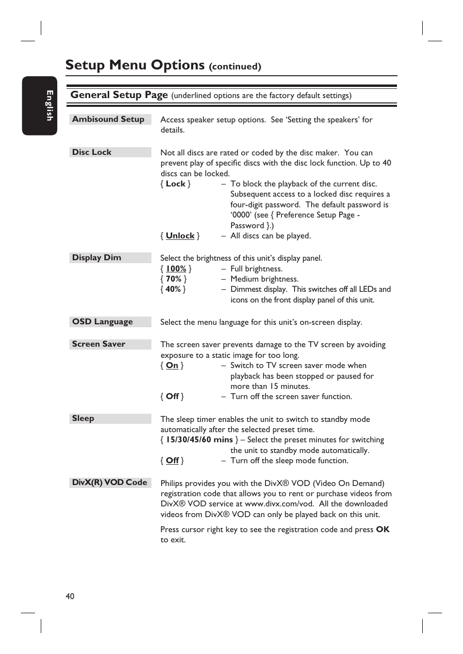 Setup menu options, General setup page | Philips HTS6600-37 User Manual | Page 40 / 57