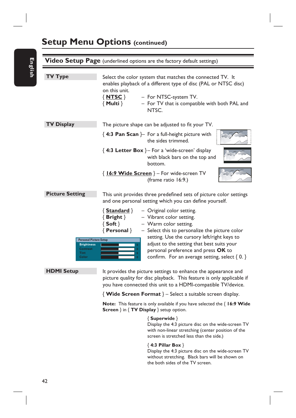 Setup menu options, Video setup page | Philips HTS6600-37 User Manual | Page 42 / 57