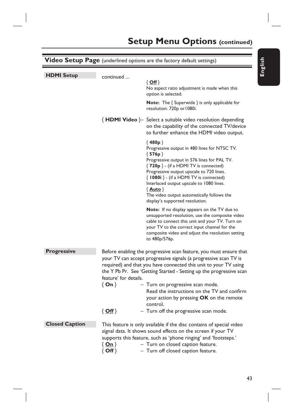 Setup menu options, Video setup page | Philips HTS6600-37 User Manual | Page 43 / 57