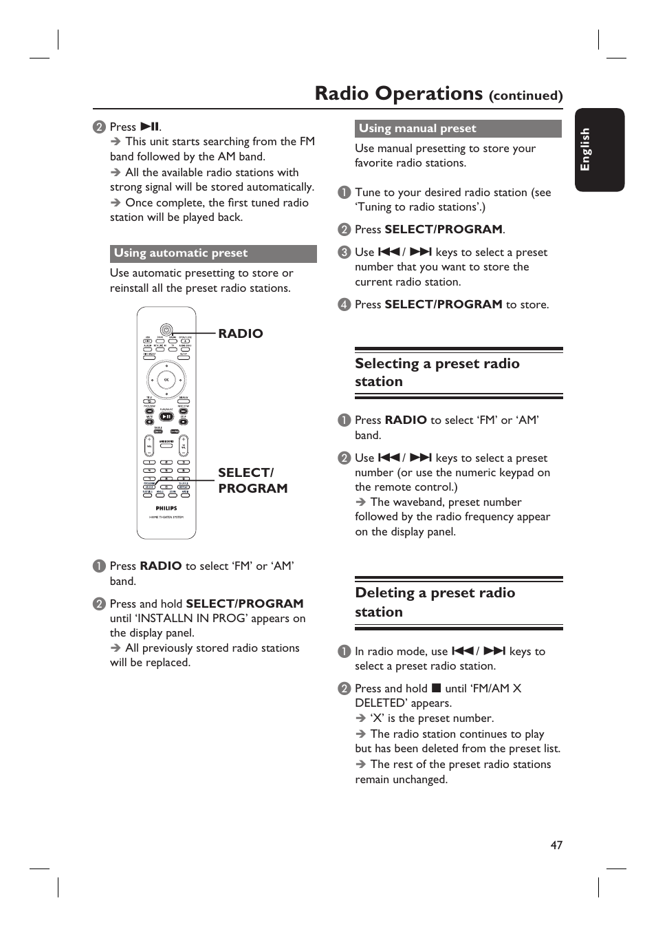 Radio operations | Philips HTS6600-37 User Manual | Page 47 / 57