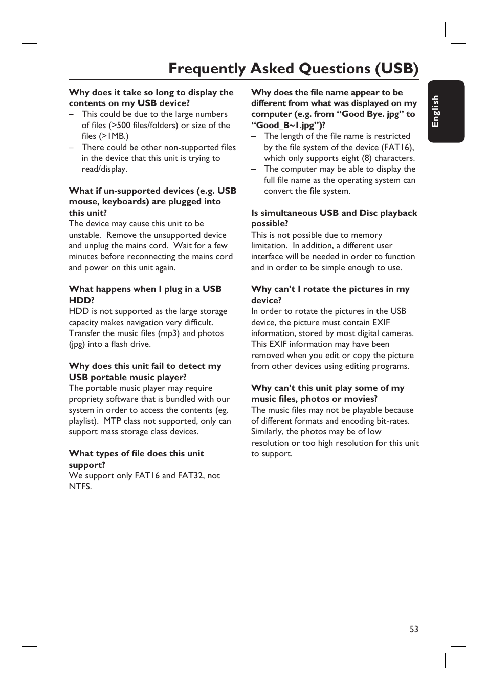 Frequently asked questions (usb) | Philips HTS6600-37 User Manual | Page 53 / 57