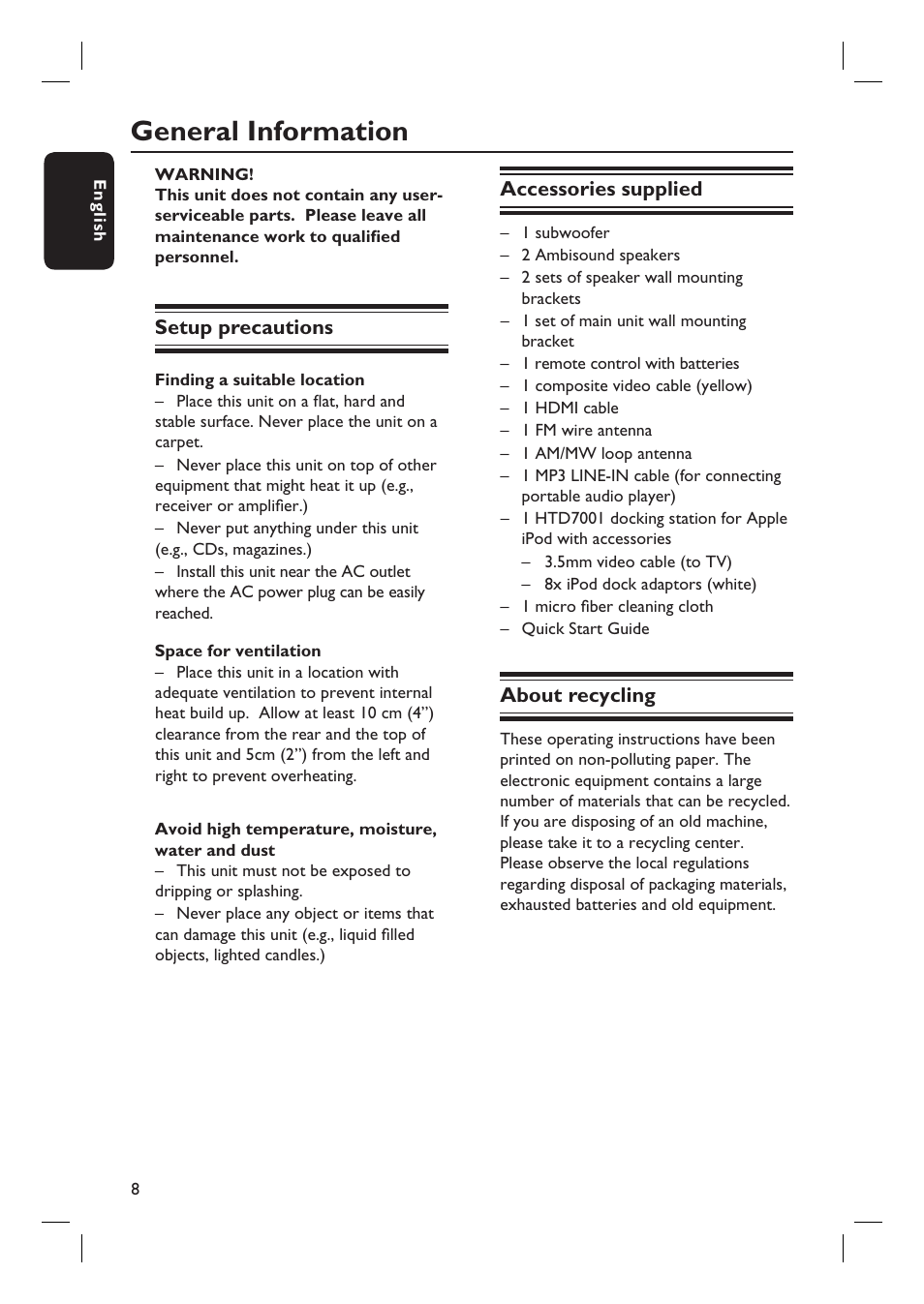 General information | Philips HTS6600-37 User Manual | Page 8 / 57