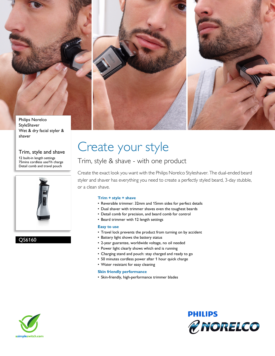 Philips Norelco StyleShaver Wet & dry facial styler & shaver QS6160 Trim style and shave 12 built-in length settings 75mins cordless use-1h charge Detail comb and travel pouch User Manual | 3 pages