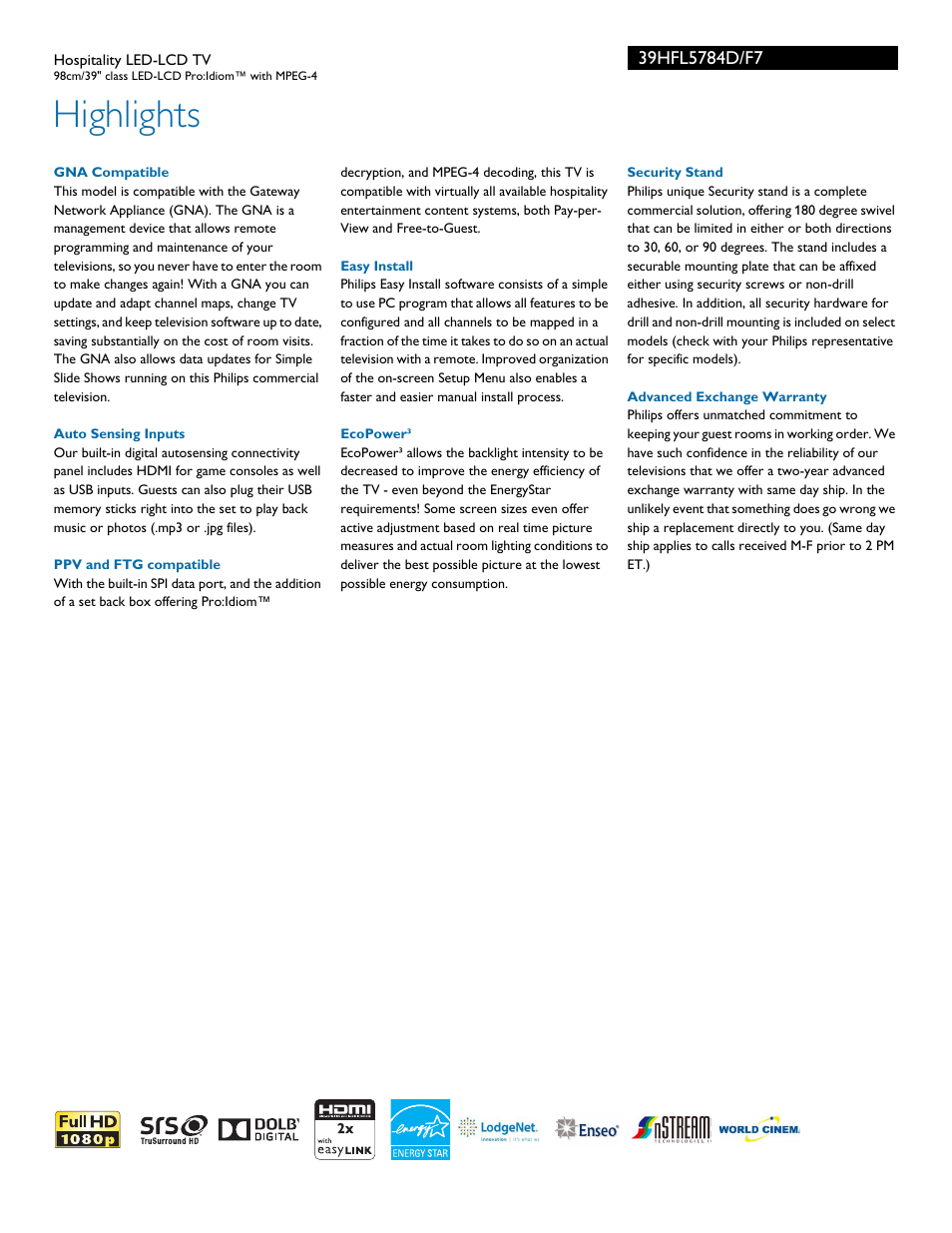 Highlights | Philips 39HFL5784D-F7 User Manual | Page 2 / 3