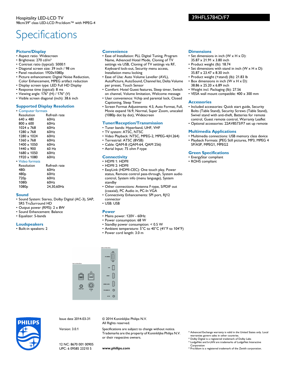 Specifications | Philips 39HFL5784D-F7 User Manual | Page 3 / 3